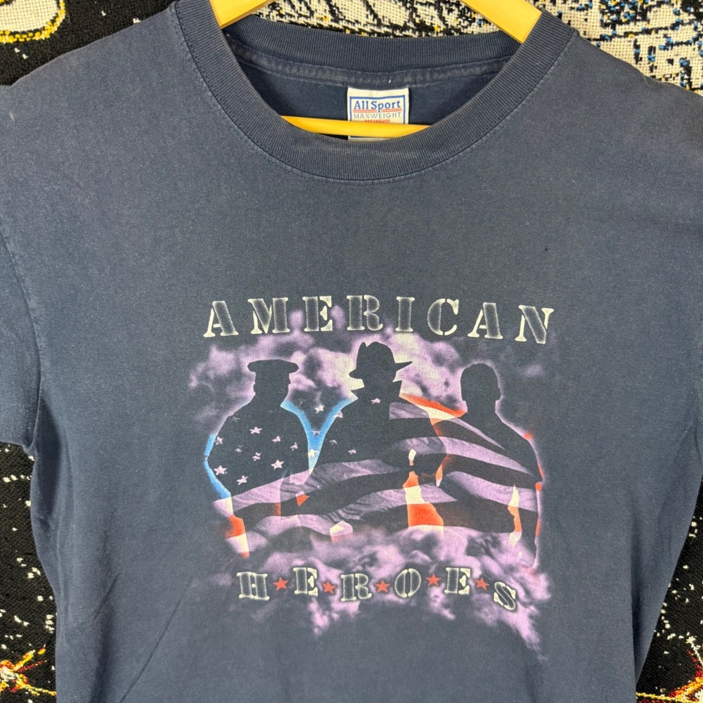 Vintage All Sport American Heroes T-Shirt XL Navy Blue USA Made Graphic Tee
